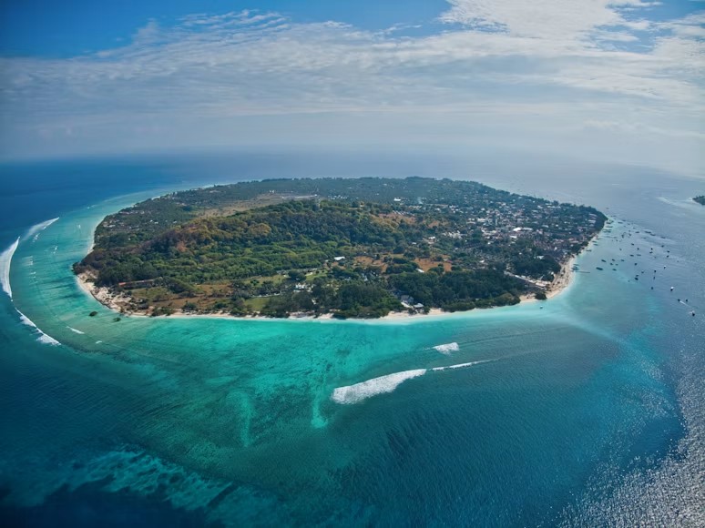 Aerial view of Gili Trawangan and clear blue water